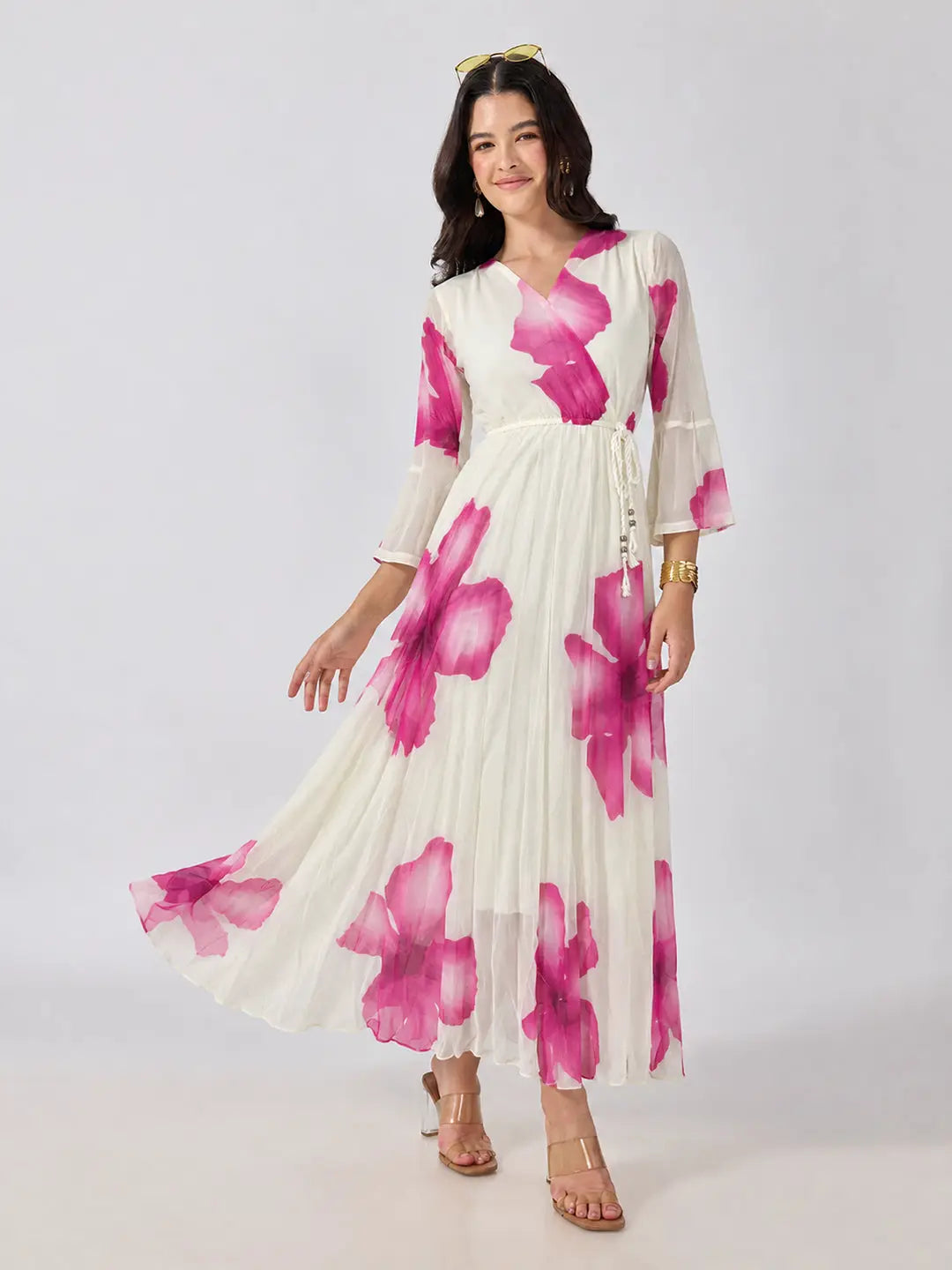 Women's Pink Floral Printed Fit & Flare Maxi Dress with Tie Up Waist