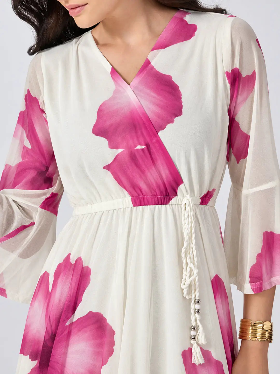 Women's Pink Floral Printed Fit & Flare Maxi Dress with Tie Up Waist