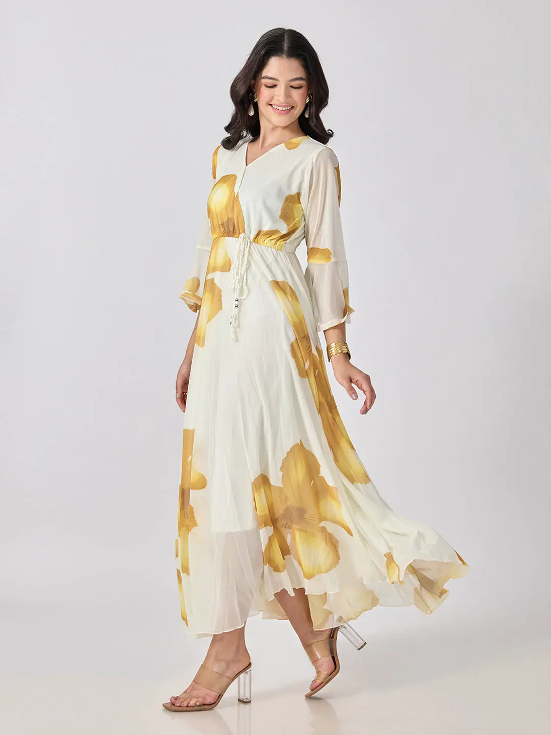 Women's Yellow Floral Printed Fit & Flare Maxi Dress with Tie Up Waist