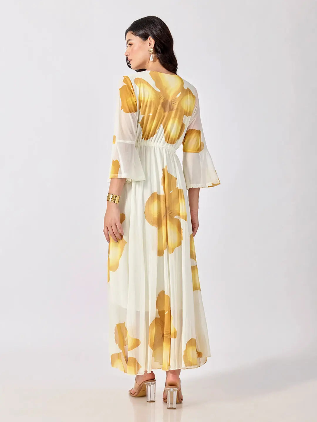 Women's Yellow Floral Printed Fit & Flare Maxi Dress with Tie Up Waist