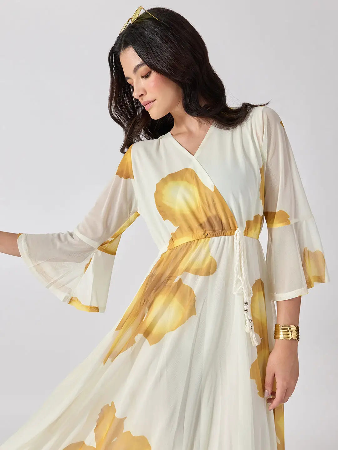 Women's Yellow Floral Printed Fit & Flare Maxi Dress with Tie Up Waist