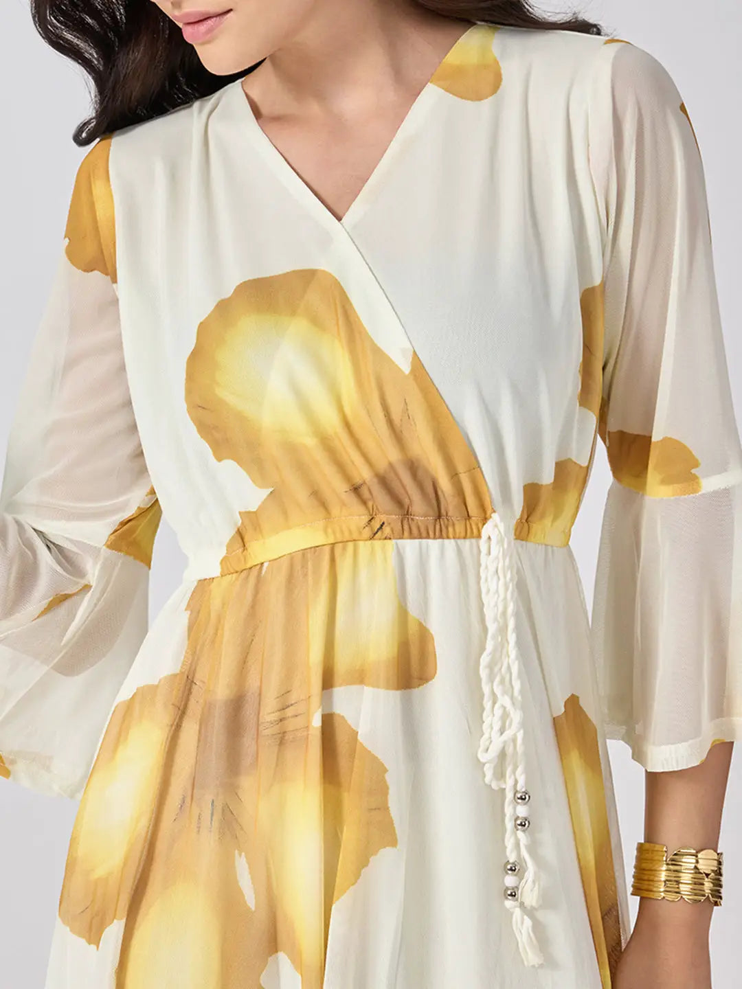 Women's Yellow Floral Printed Fit & Flare Maxi Dress with Tie Up Waist