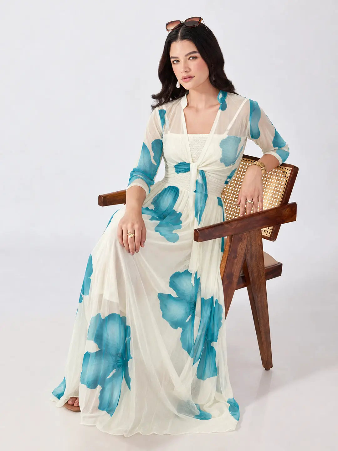 Women's Blue Floral Printed Smocked Fit & Flare Maxi Dress with Tie Front Shrug