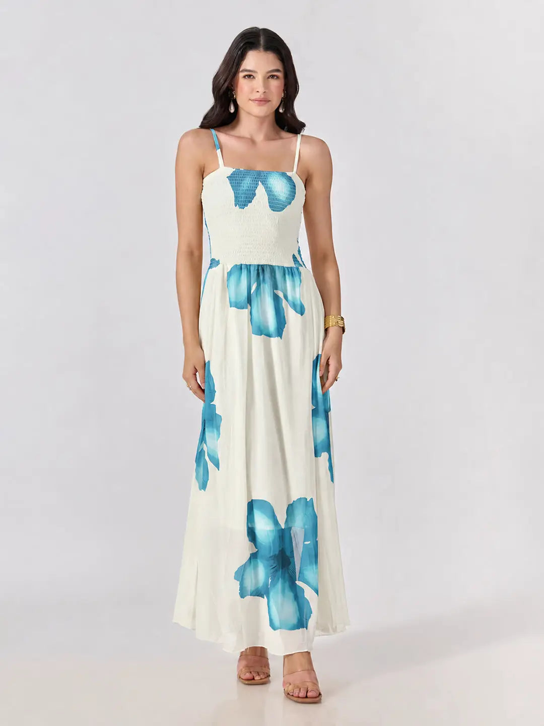 Women's Blue Floral Printed Smocked Fit & Flare Maxi Dress with Tie Front Shrug