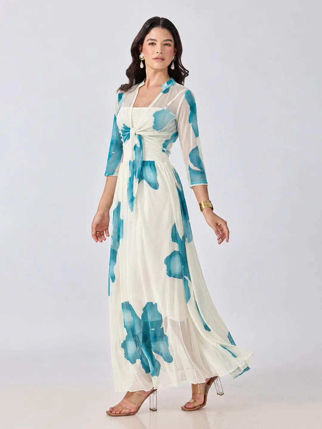 Women's Blue Floral Printed Smocked Fit & Flare Maxi Dress with Tie Front Shrug