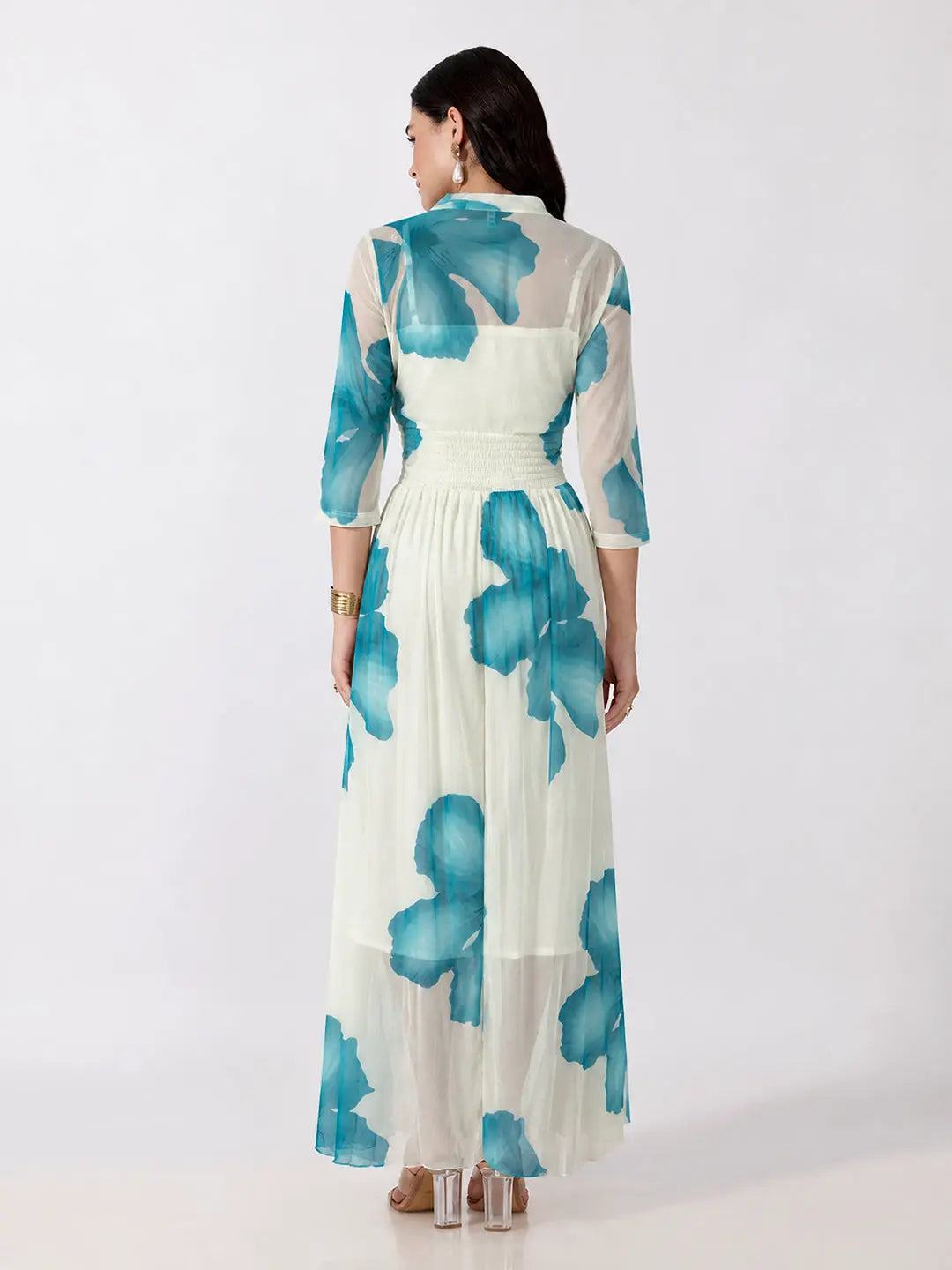Women's Blue Floral Printed Smocked Fit & Flare Maxi Dress with Tie Front Shrug