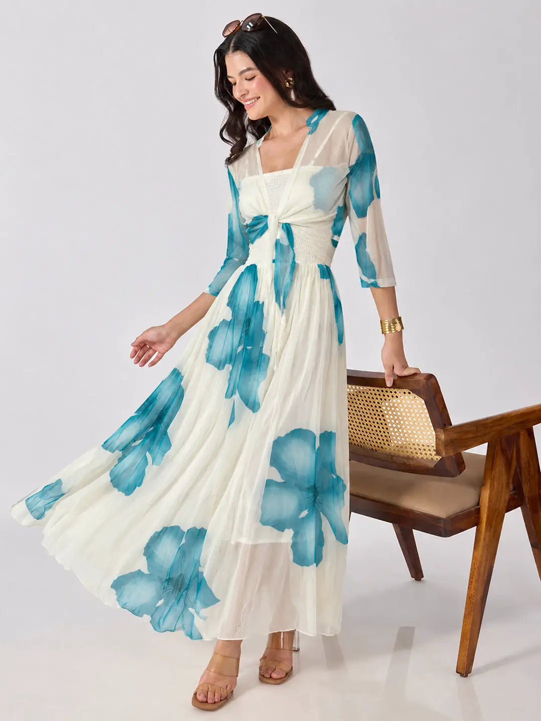 Women's Blue Floral Printed Smocked Fit & Flare Maxi Dress with Tie Front Shrug