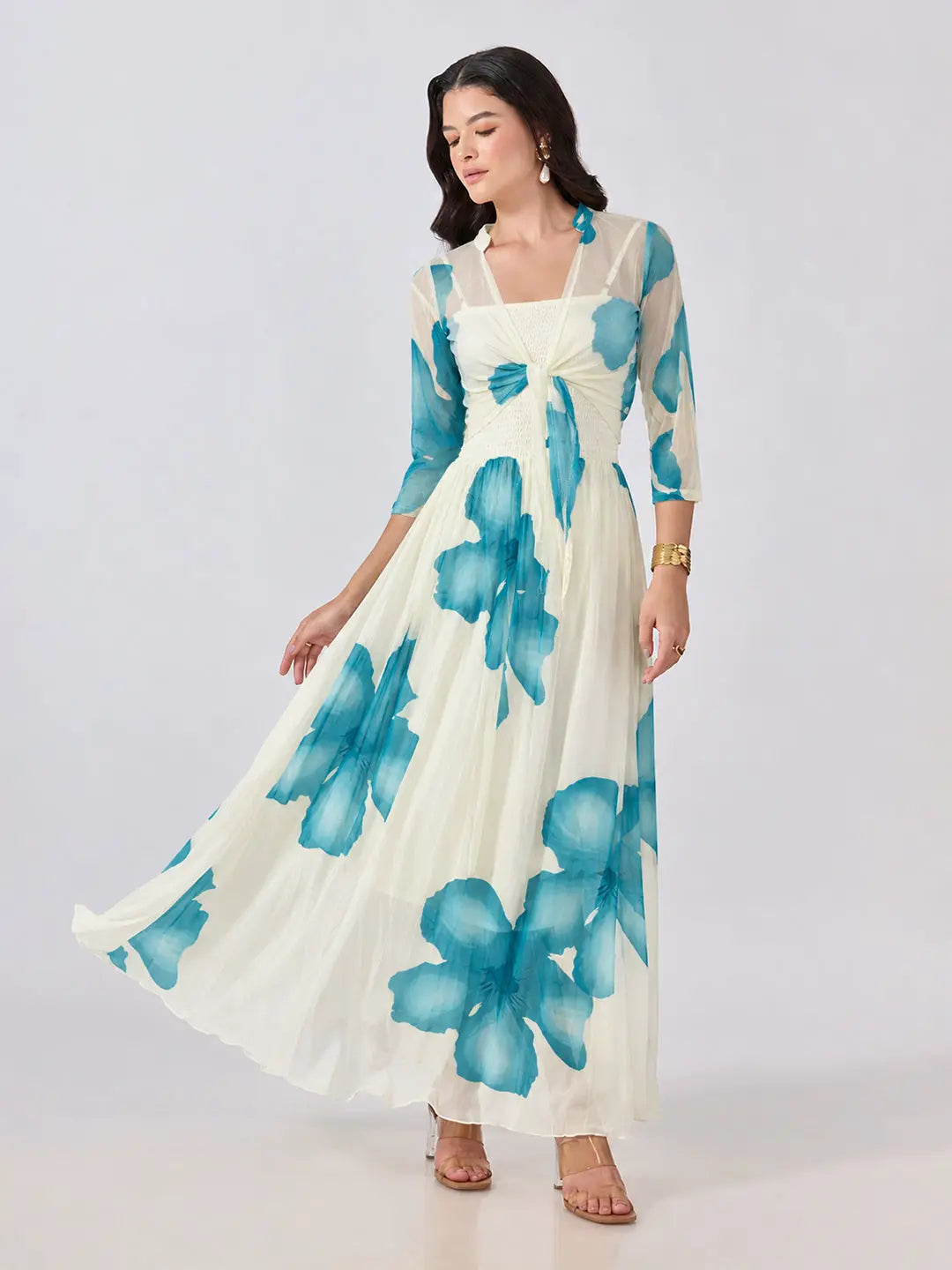 Women's Blue Floral Printed Smocked Fit & Flare Maxi Dress with Tie Front Shrug