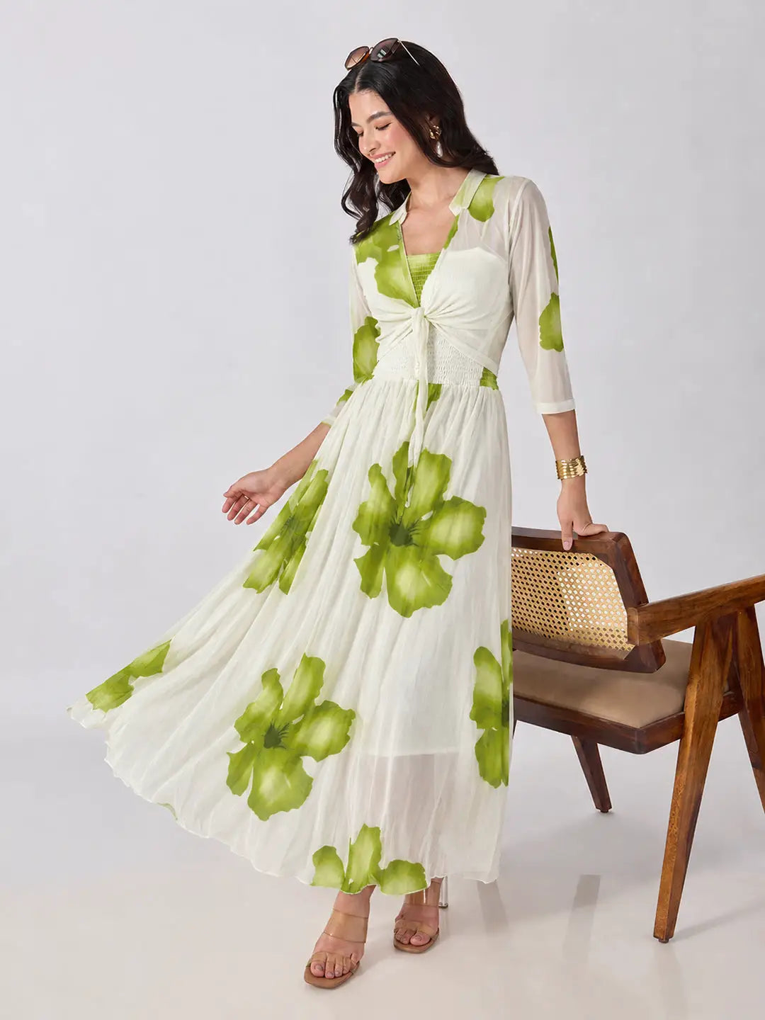 Women's Green Floral Printed Smocked Fit & Flare Maxi Dress with Tie Front Shrug