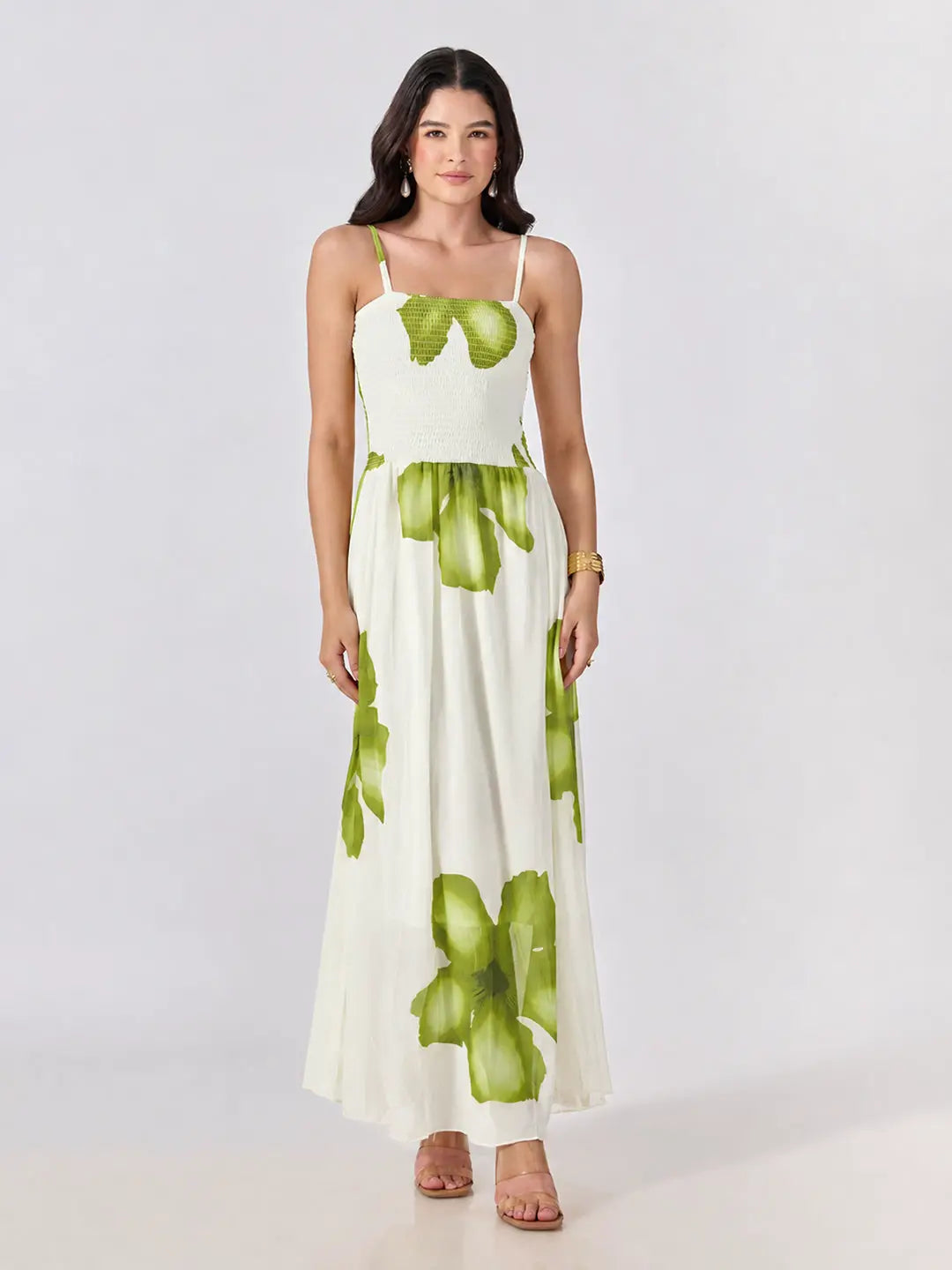 Women's Green Floral Printed Smocked Fit & Flare Maxi Dress with Tie Front Shrug
