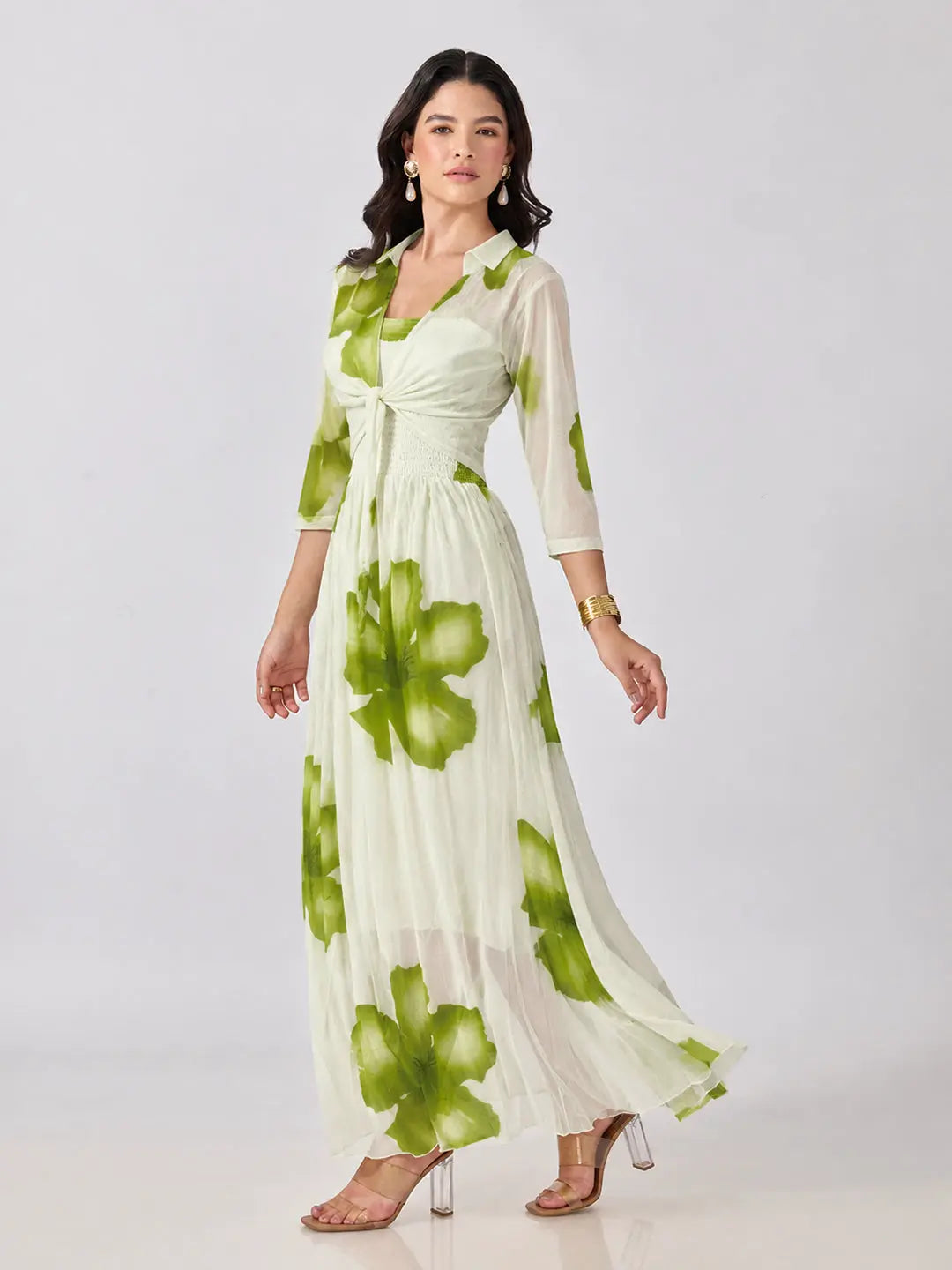 Women's Green Floral Printed Smocked Fit & Flare Maxi Dress with Tie Front Shrug