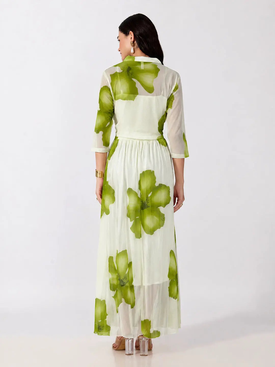 Women's Green Floral Printed Smocked Fit & Flare Maxi Dress with Tie Front Shrug