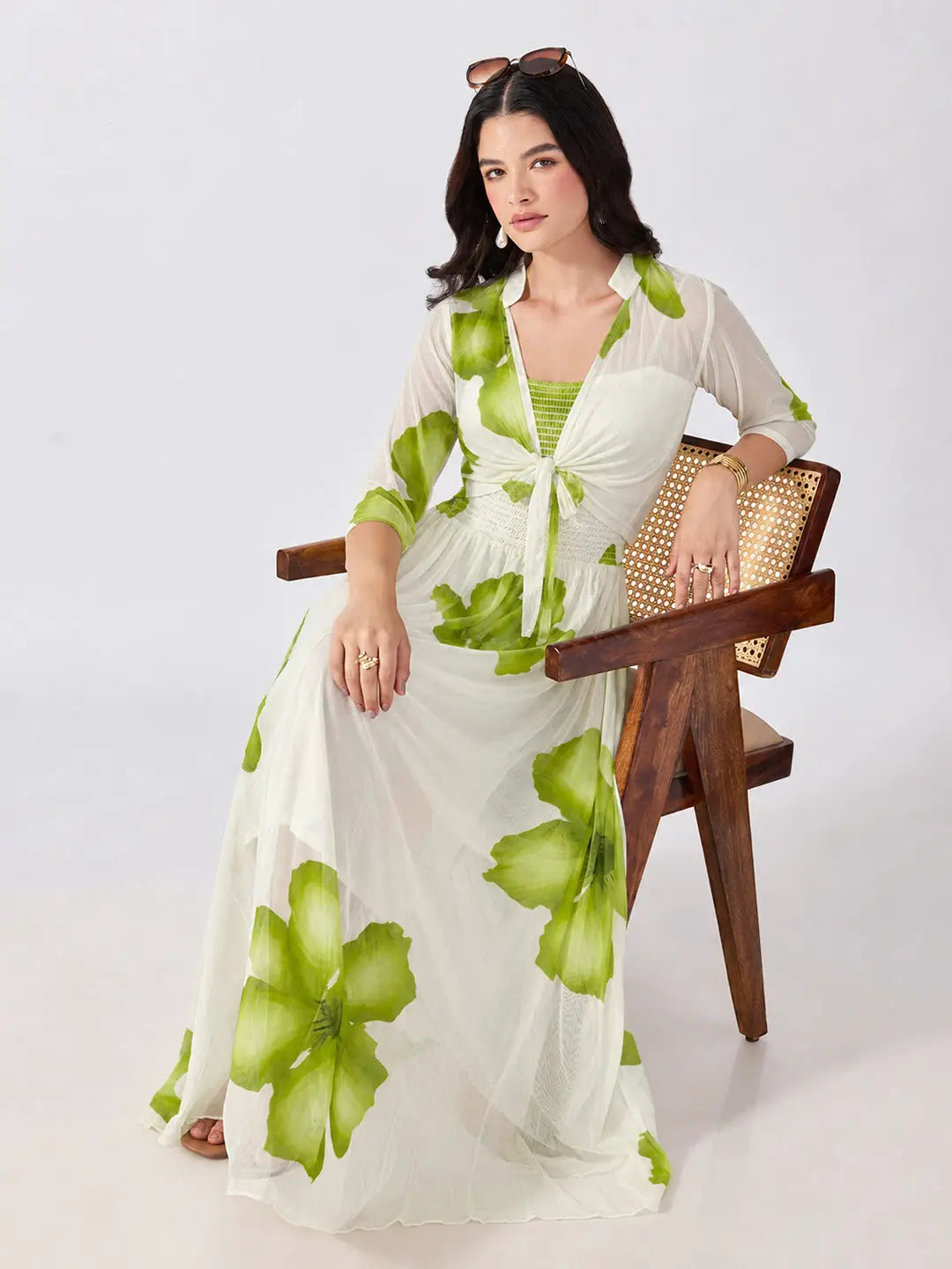 Women's Green Floral Printed Smocked Fit & Flare Maxi Dress with Tie Front Shrug