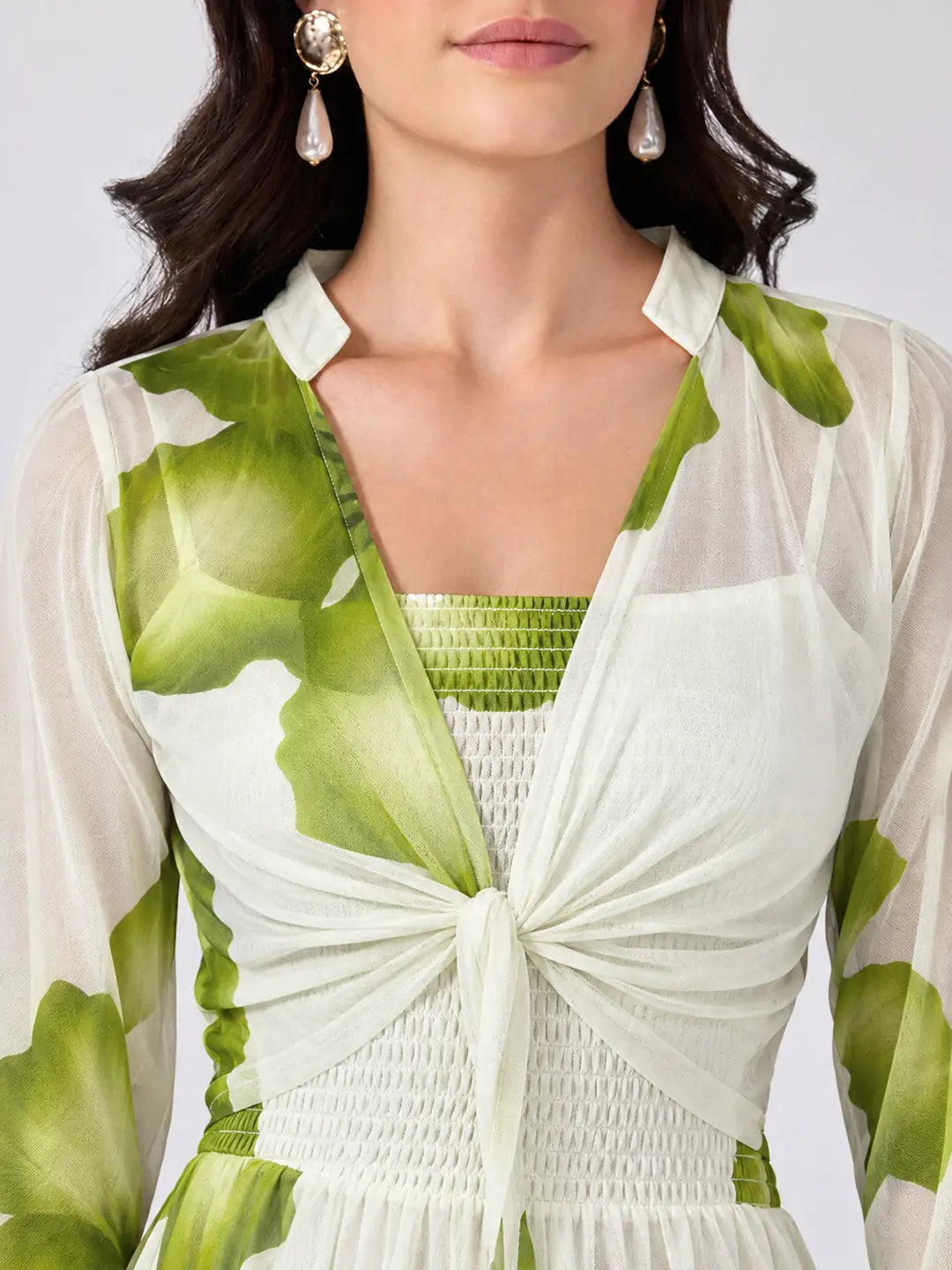 Women's Green Floral Printed Smocked Fit & Flare Maxi Dress with Tie Front Shrug