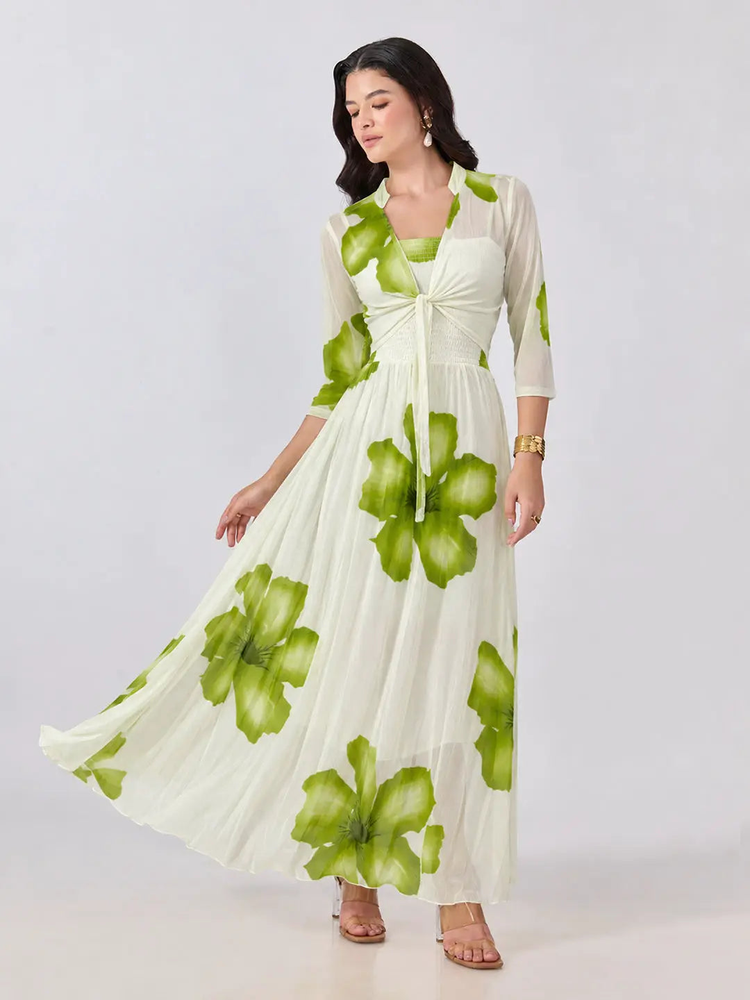 Women's Green Floral Printed Smocked Fit & Flare Maxi Dress with Tie Front Shrug