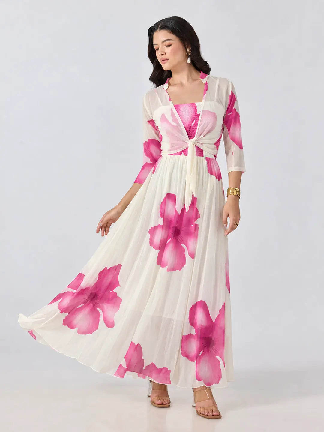Women's Pink Floral Printed Smocked Fit & Flare Maxi Dress with Tie Front Shrug