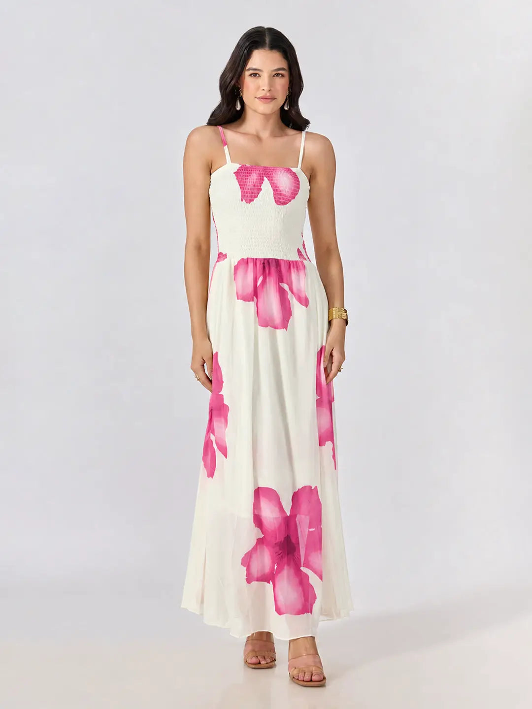 Women's Pink Floral Printed Smocked Fit & Flare Maxi Dress with Tie Front Shrug