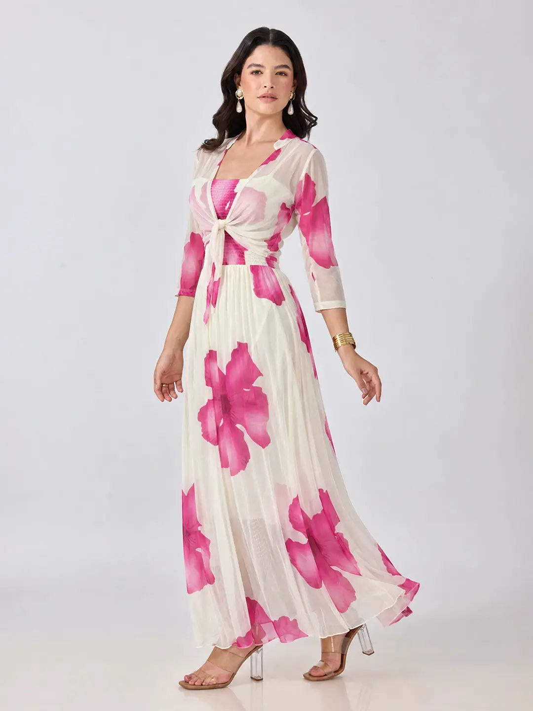 Women's Pink Floral Printed Smocked Fit & Flare Maxi Dress with Tie Front Shrug