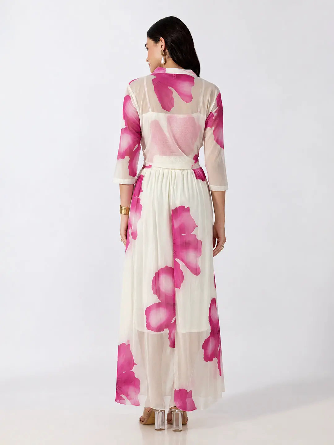 Women's Pink Floral Printed Smocked Fit & Flare Maxi Dress with Tie Front Shrug
