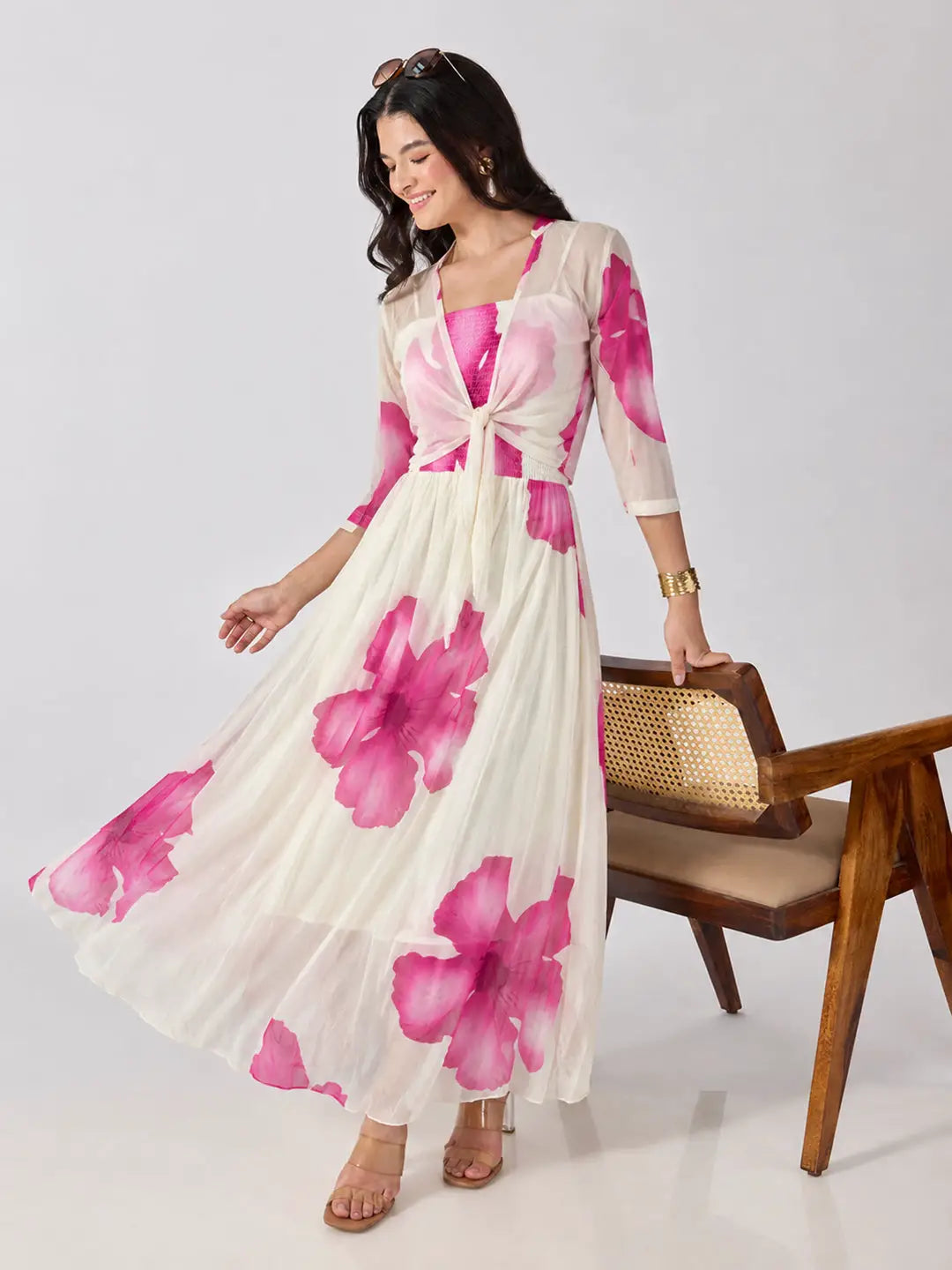 Women's Pink Floral Printed Smocked Fit & Flare Maxi Dress with Tie Front Shrug