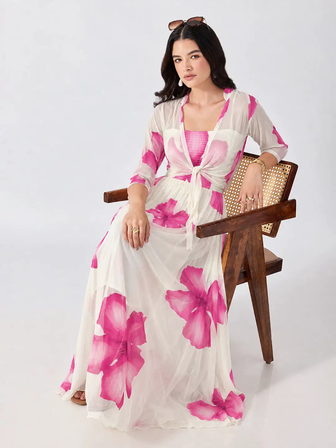 Women's Pink Floral Printed Smocked Fit & Flare Maxi Dress with Tie Front Shrug