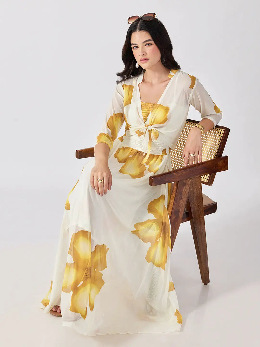 Women's Yellow Floral Printed Smocked Fit & Flare Maxi Dress with Tie Front Shrug