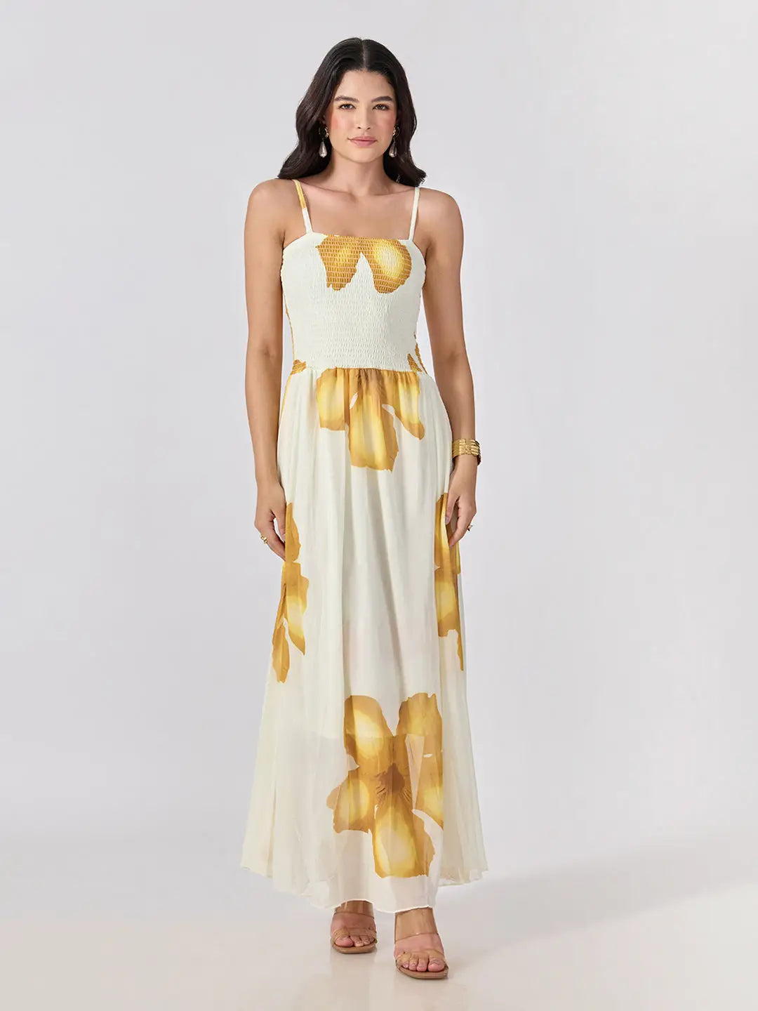 Women's Yellow Floral Printed Smocked Fit & Flare Maxi Dress with Tie Front Shrug