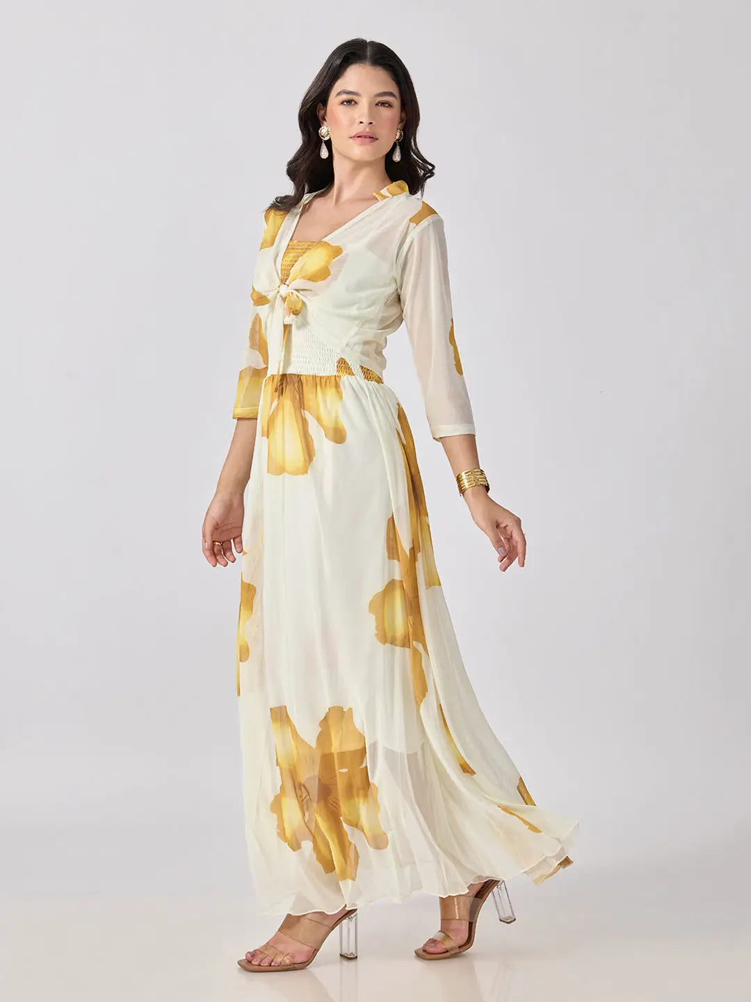 Women's Yellow Floral Printed Smocked Fit & Flare Maxi Dress with Tie Front Shrug