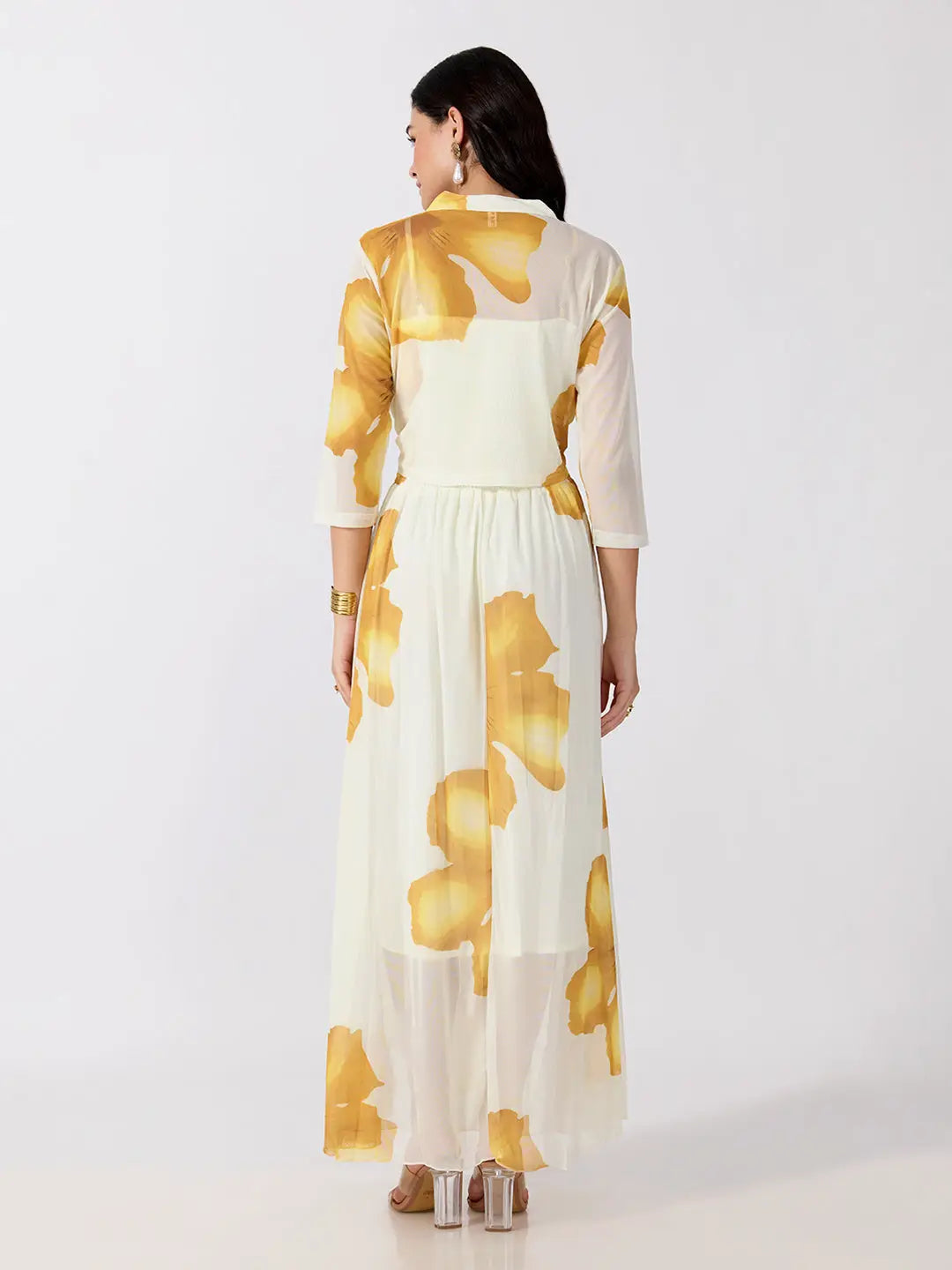 Women's Yellow Floral Printed Smocked Fit & Flare Maxi Dress with Tie Front Shrug