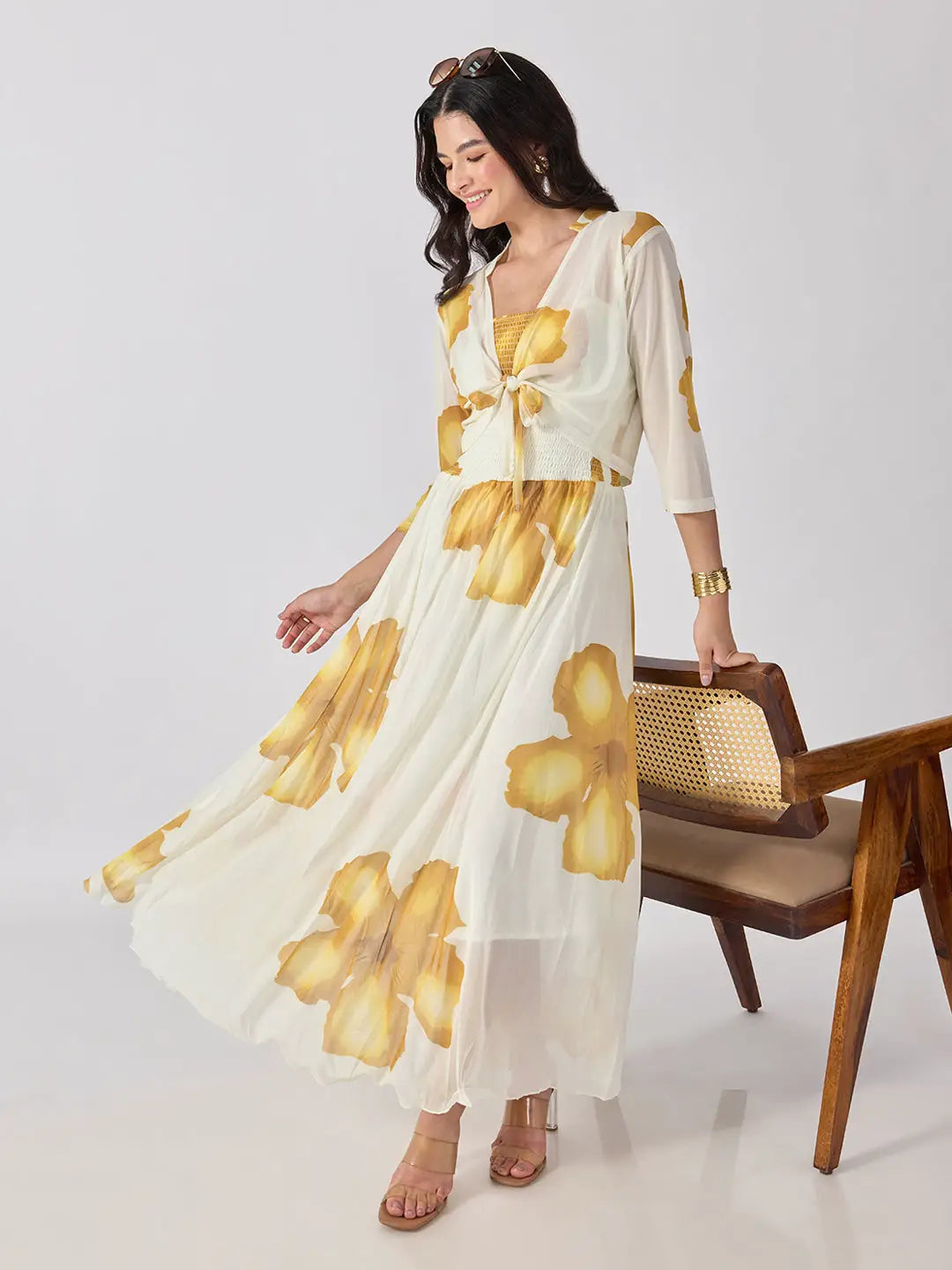 Women's Yellow Floral Printed Smocked Fit & Flare Maxi Dress with Tie Front Shrug