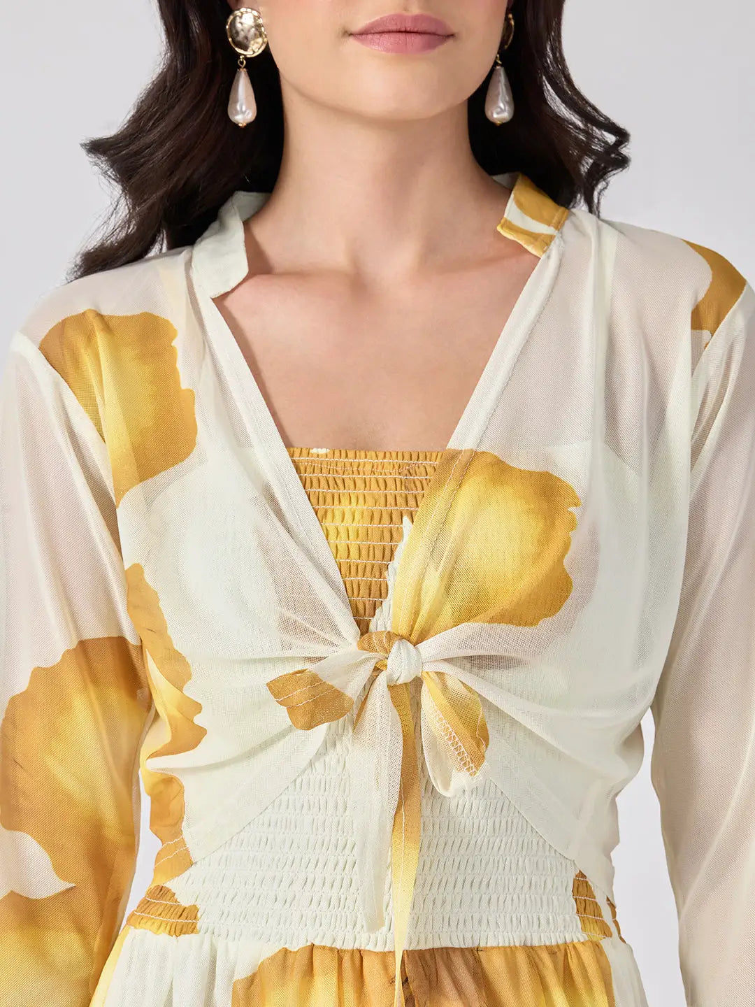 Women's Yellow Floral Printed Smocked Fit & Flare Maxi Dress with Tie Front Shrug
