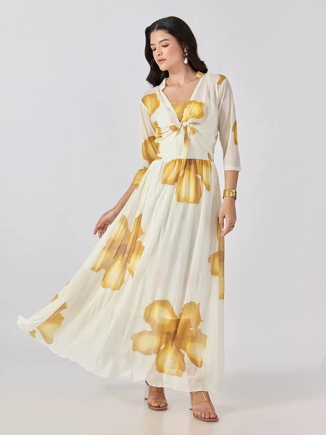 Women's Yellow Floral Printed Smocked Fit & Flare Maxi Dress with Tie Front Shrug