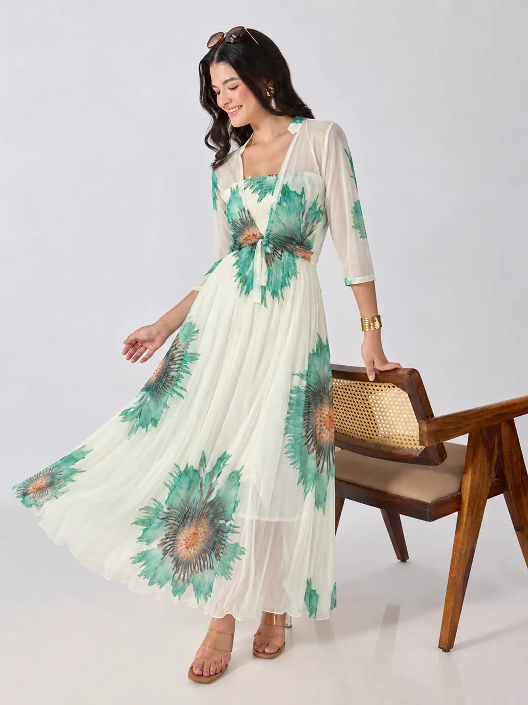 Women's Green Floral Printed Smocked Fit & Flare Maxi Dress with Tie Front Shrug