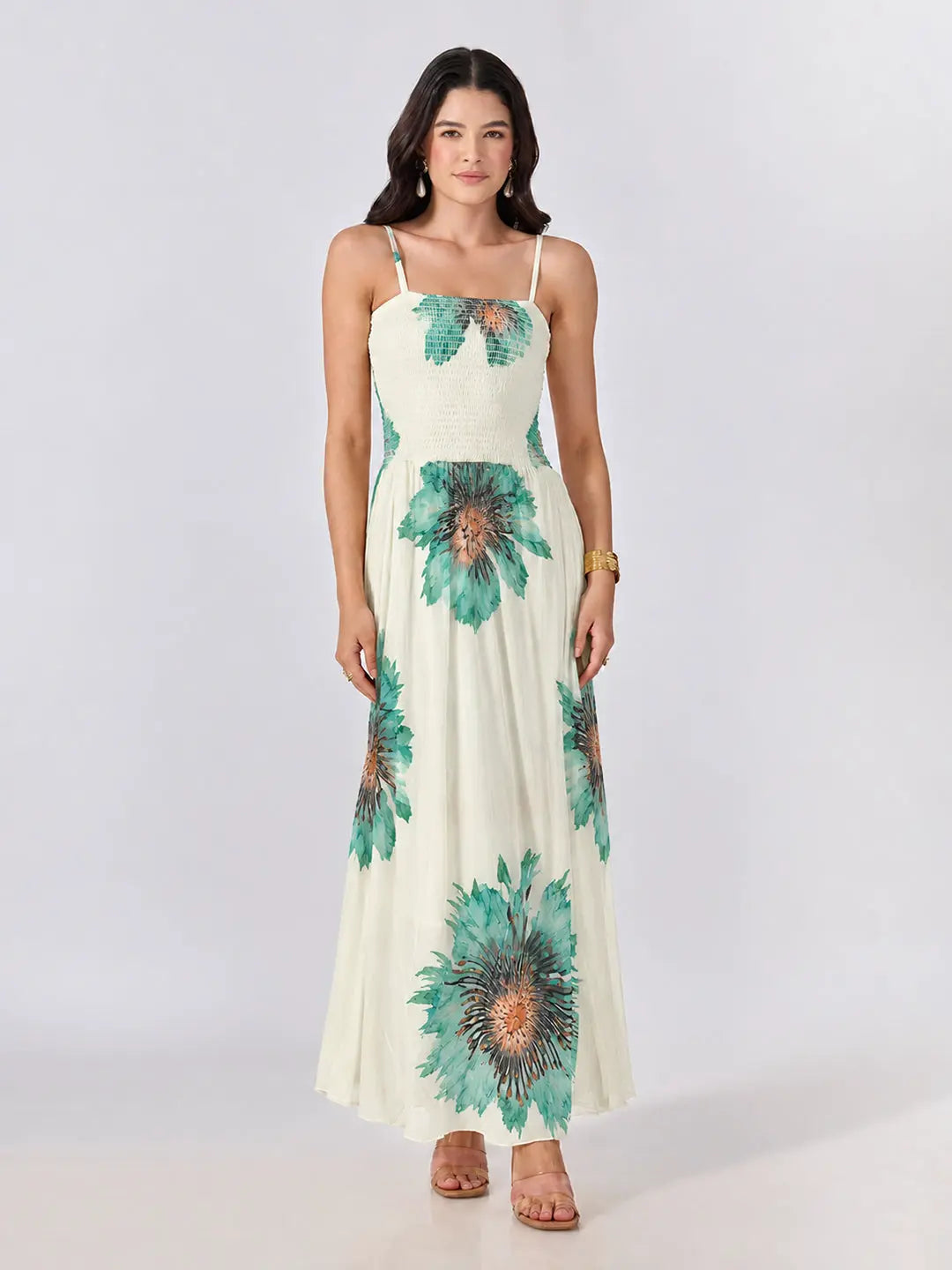 Women's Green Floral Printed Smocked Fit & Flare Maxi Dress with Tie Front Shrug