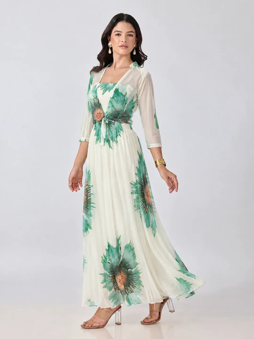 Women's Green Floral Printed Smocked Fit & Flare Maxi Dress with Tie Front Shrug