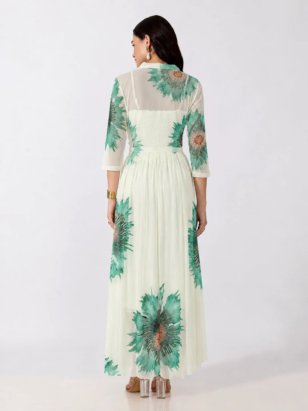 Women's Green Floral Printed Smocked Fit & Flare Maxi Dress with Tie Front Shrug