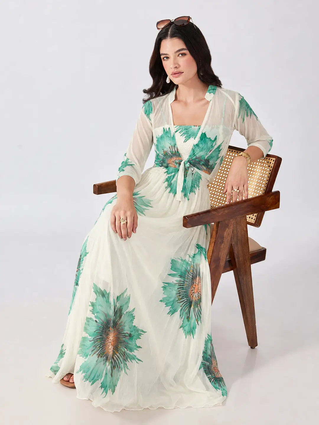 Women's Green Floral Printed Smocked Fit & Flare Maxi Dress with Tie Front Shrug