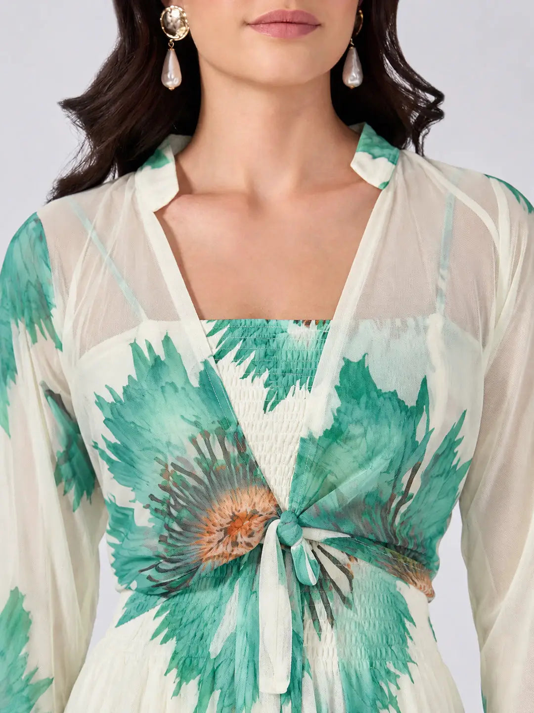 Women's Green Floral Printed Smocked Fit & Flare Maxi Dress with Tie Front Shrug