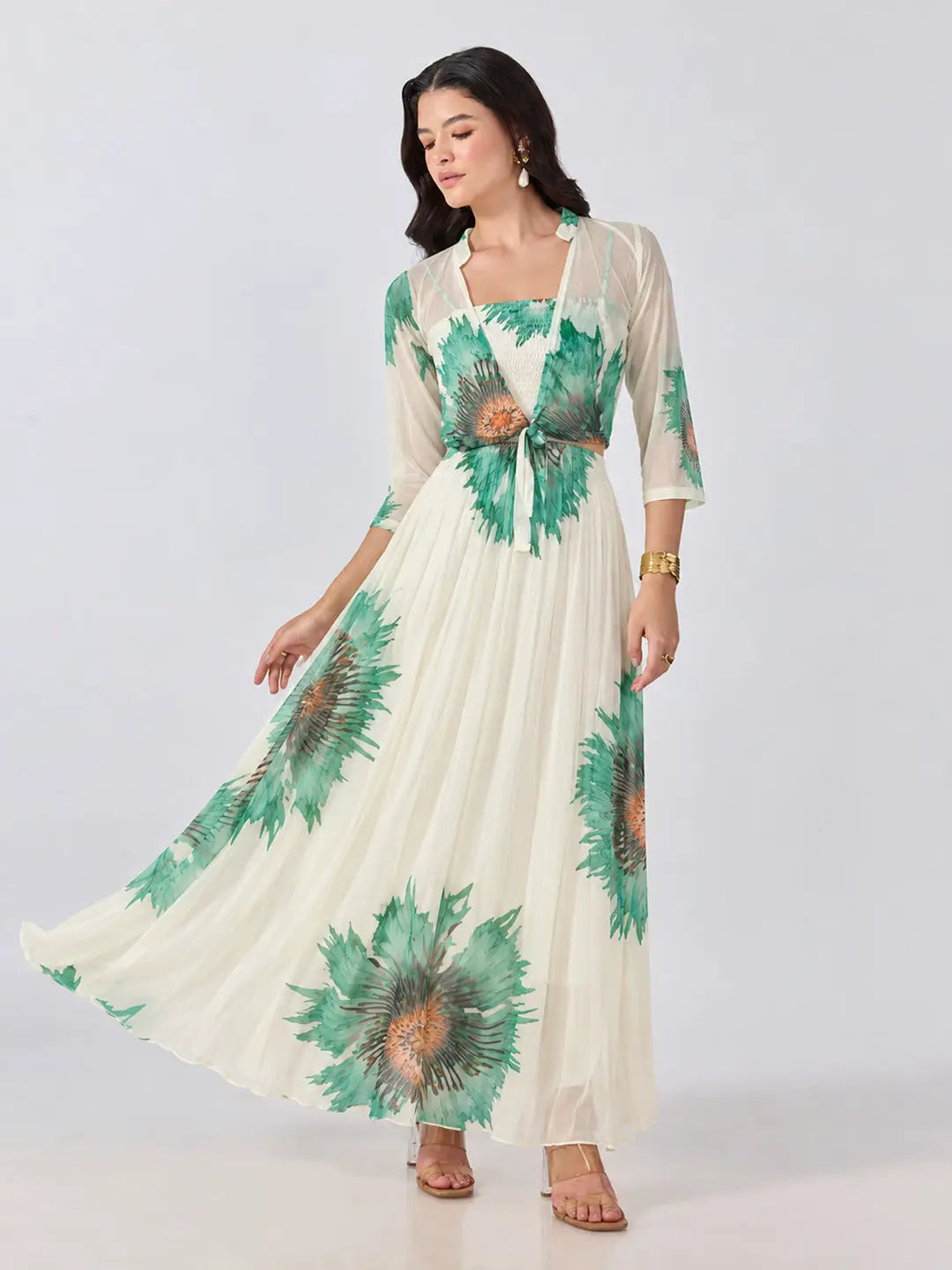 Women's Green Floral Printed Smocked Fit & Flare Maxi Dress with Tie Front Shrug