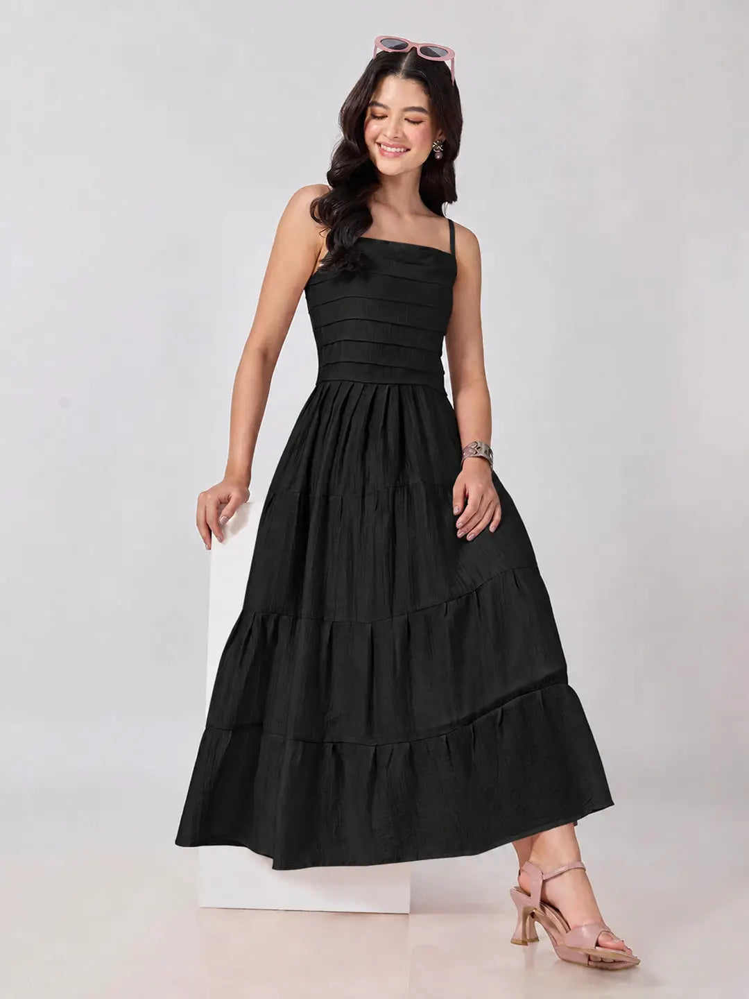 Women's Black Shoulder Strap Fit & Flare Tiered Maxi Dress