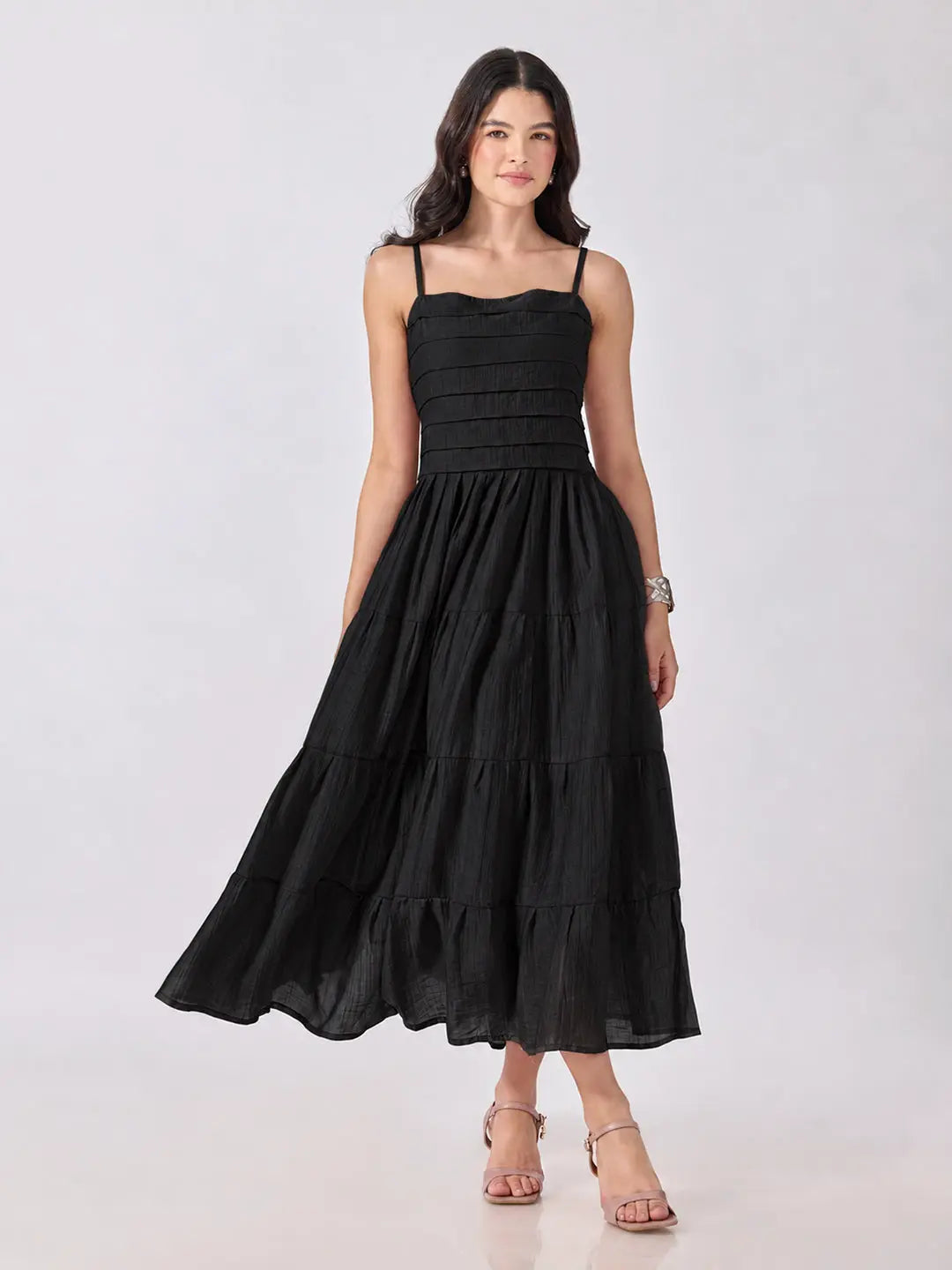 Women's Black Shoulder Strap Fit & Flare Tiered Maxi Dress