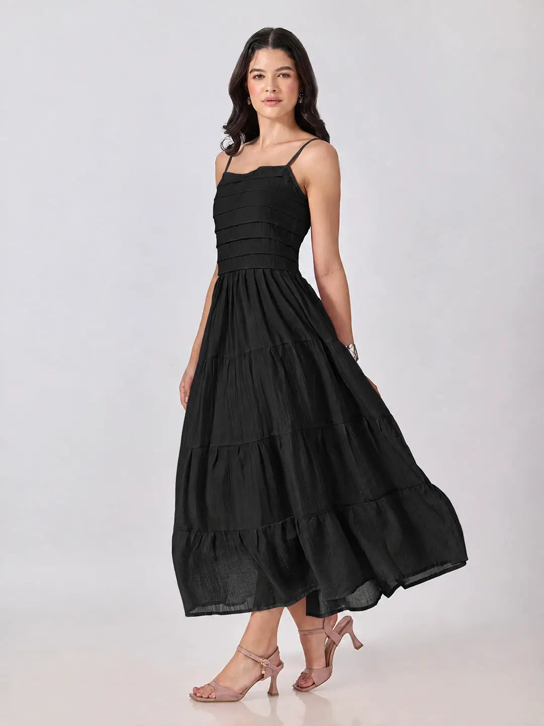 Women's Black Shoulder Strap Fit & Flare Tiered Maxi Dress