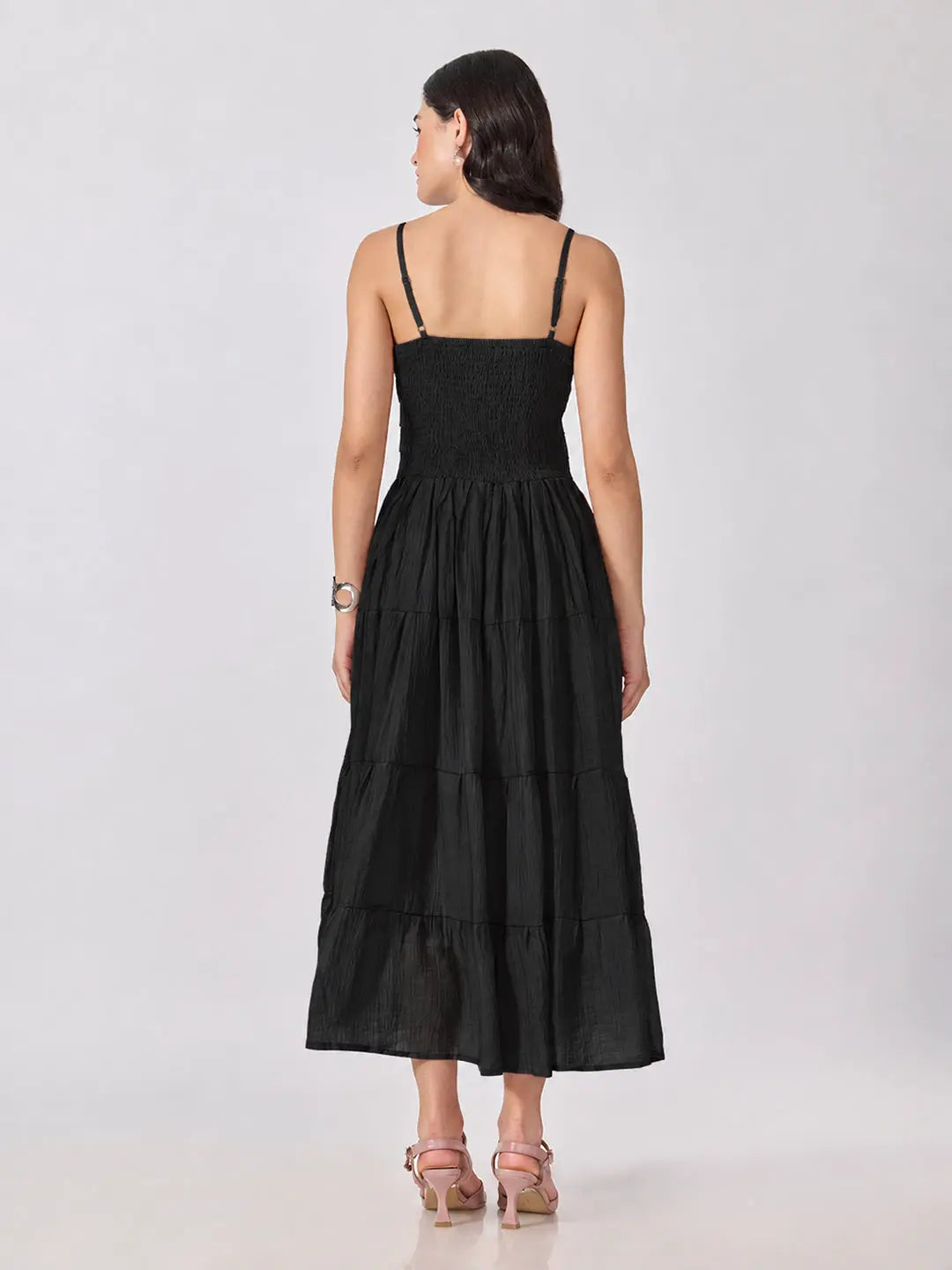 Women's Black Shoulder Strap Fit & Flare Tiered Maxi Dress