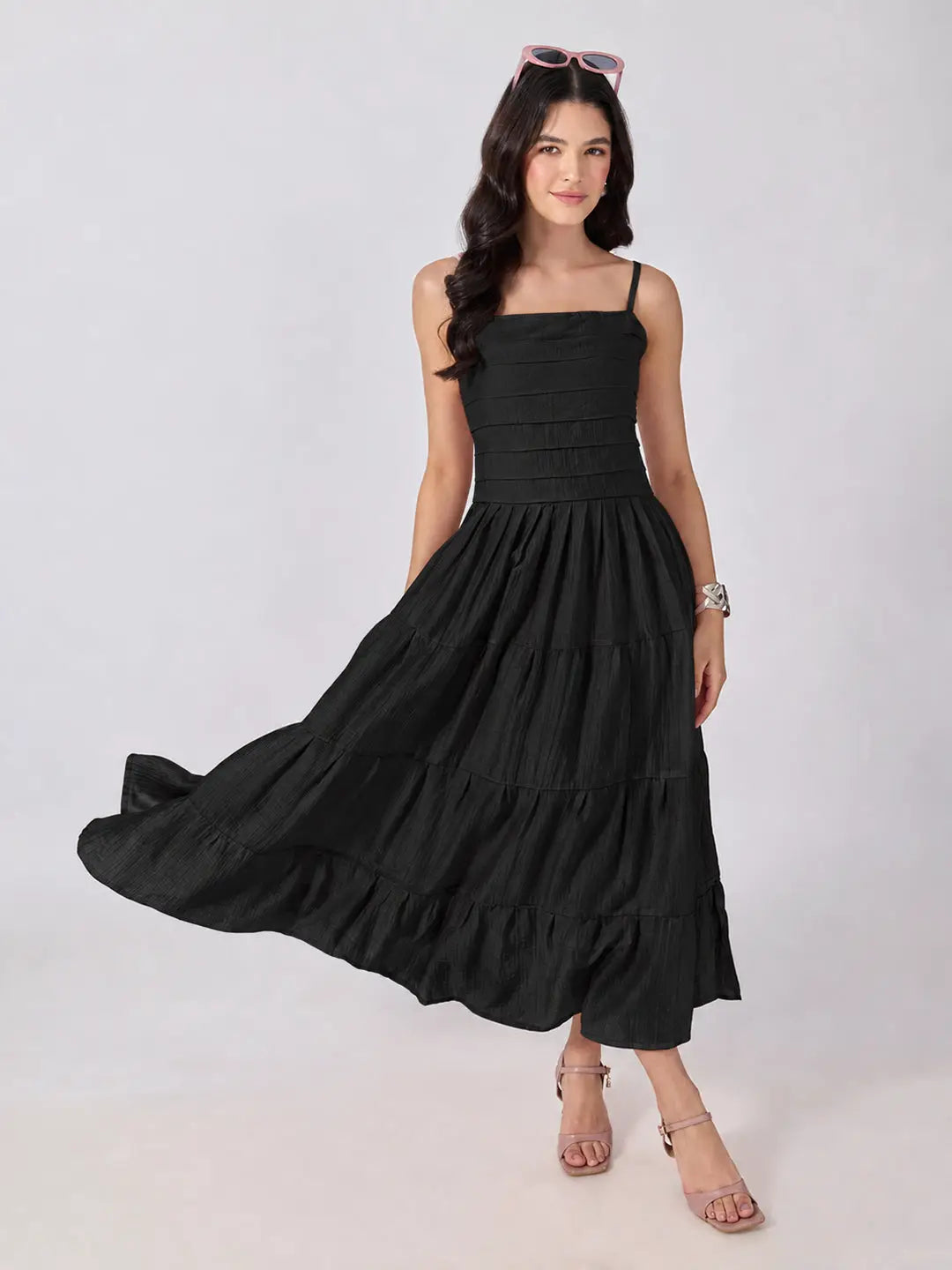 Women's Black Shoulder Strap Fit & Flare Tiered Maxi Dress
