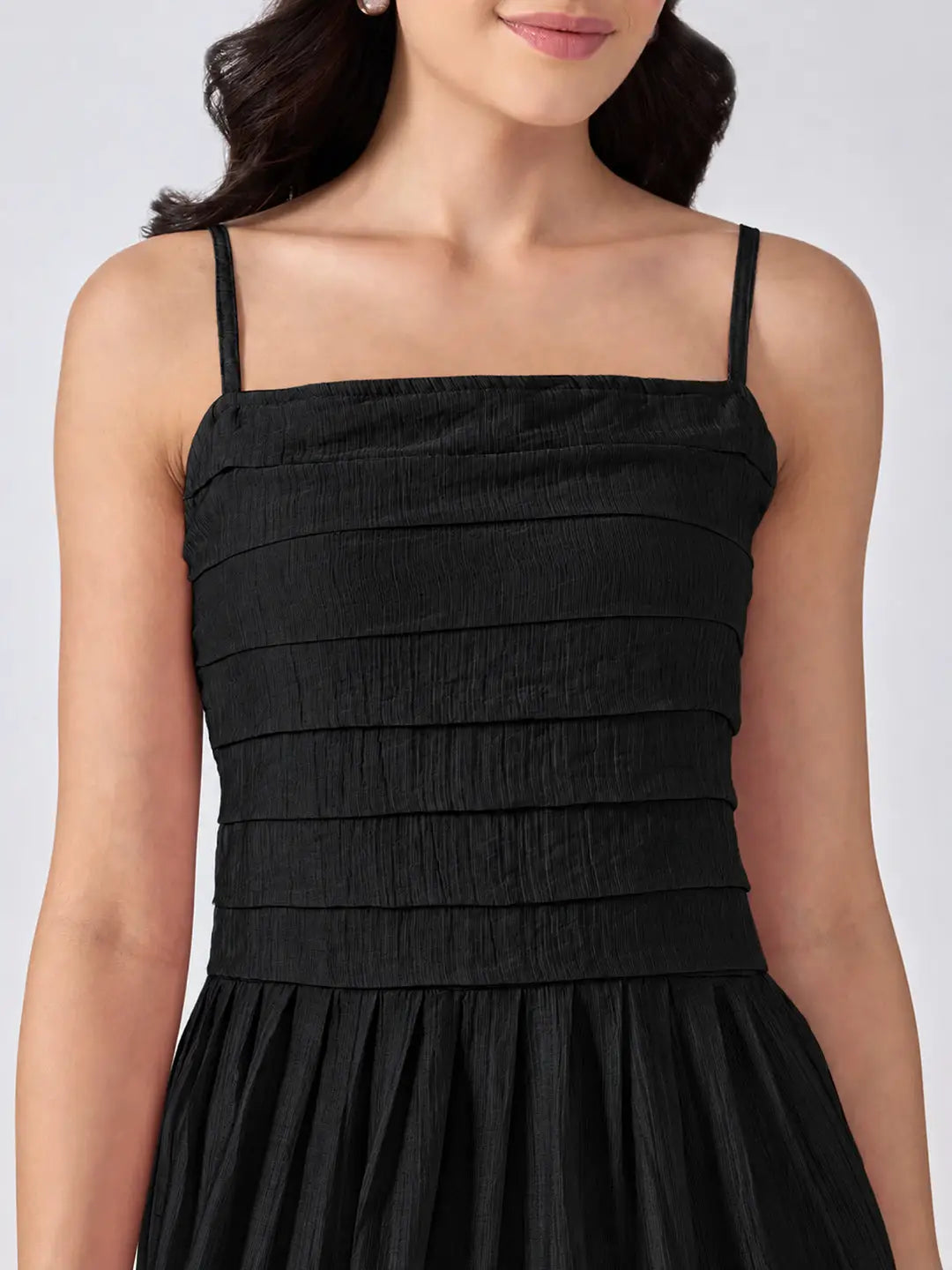 Women's Black Shoulder Strap Fit & Flare Tiered Maxi Dress