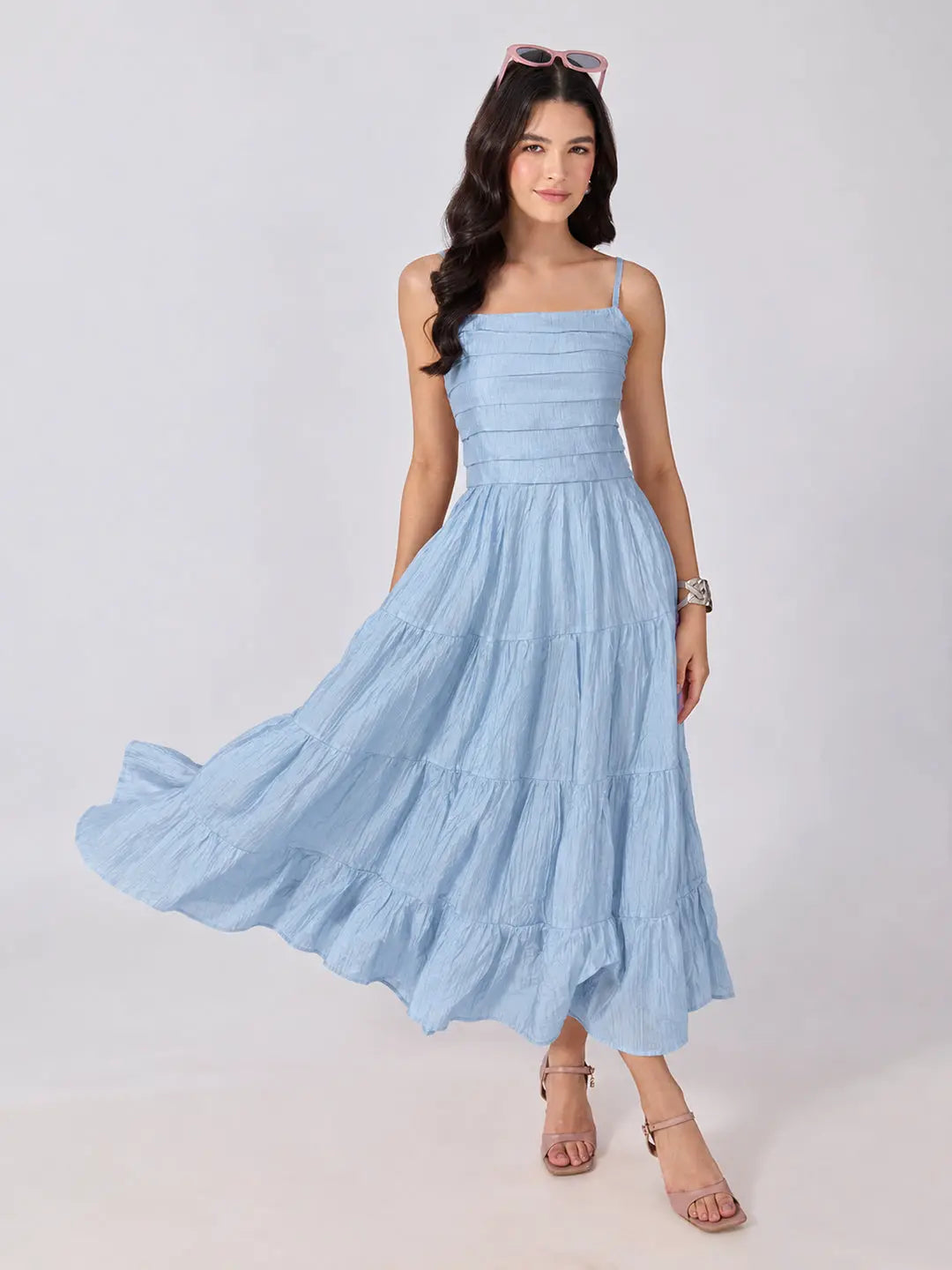 Women's Blue Shoulder Strap Fit & Flare Tiered Maxi Dress