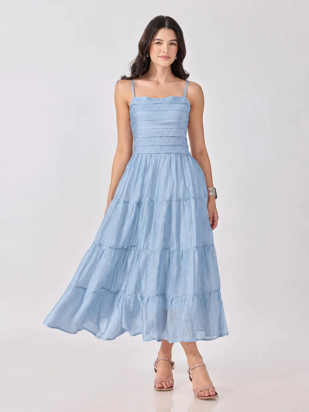 Women's Blue Shoulder Strap Fit & Flare Tiered Maxi Dress