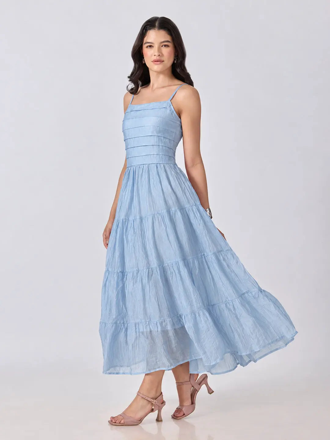 Women's Blue Shoulder Strap Fit & Flare Tiered Maxi Dress