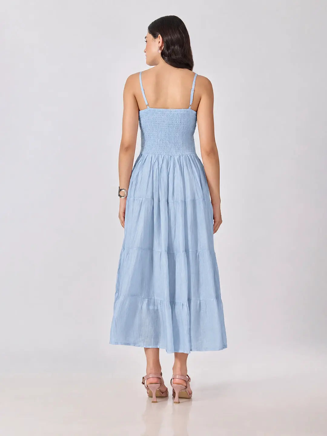 Women's Blue Shoulder Strap Fit & Flare Tiered Maxi Dress
