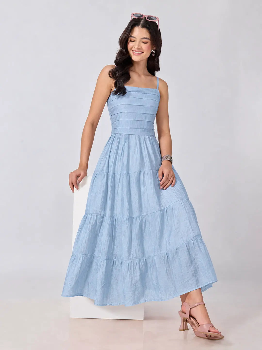 Women's Blue Shoulder Strap Fit & Flare Tiered Maxi Dress